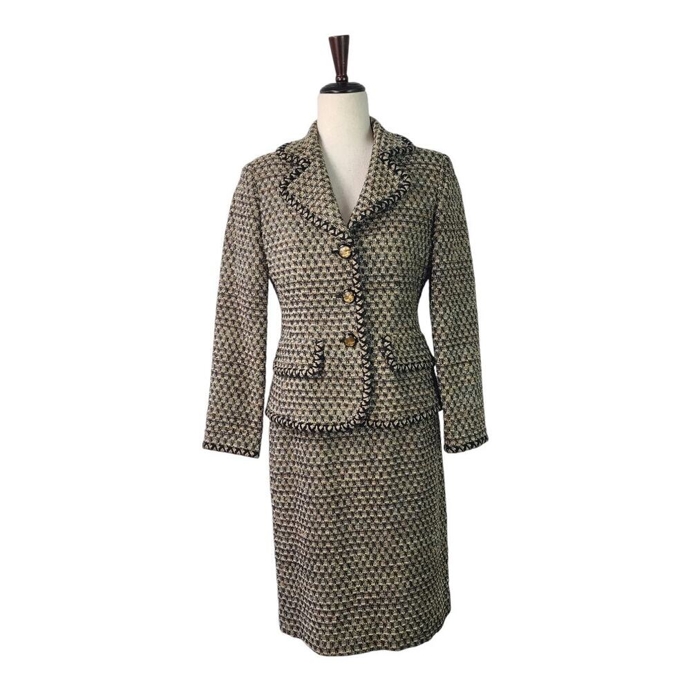 Talbots Black Tan Brown Tweed Jacket Skirt Set Vintage 2 Piece Size 4 Petite